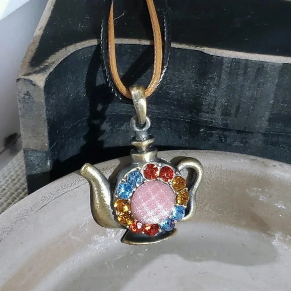 PinkDiva Jewelry - Rustic Antique Bronze Rhinestones Teapot Pendant Necklace Vegan Leather Cord